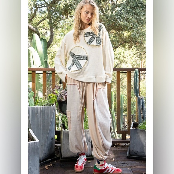 423 POL Black Peace Patch Vintage Washed Thermal Top Relaxed Fit - Picture 4 of 6